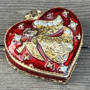 Vintage Monet Enamel Heart Pill Box with Archangel Design